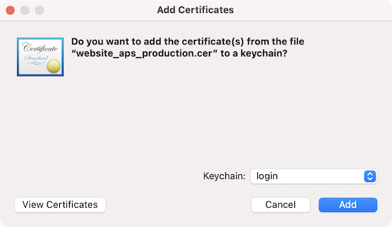 Screenshot showing a certificate being added to Keychain Access