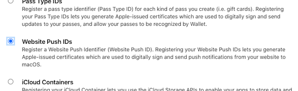 Screenshot showing the creation of a new Website Push ID on the Apple Developer website