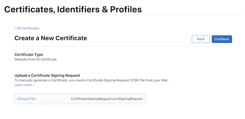 Screenshot showing the creation of a new certificate on the Apple Developer website